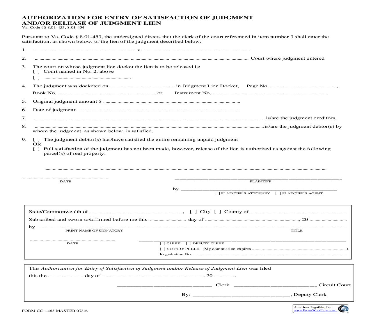 Authorization For Partial Or Full Release Of Judgment Lien {CC-1463} | Pdf Fpdf Doc Docx | Virginia