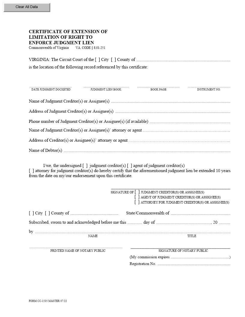 Certificate Of Extension Of Limitation Of Right To Enforce Judgment Lien {CC-1535} | Pdf Fpdf Docx | Virginia