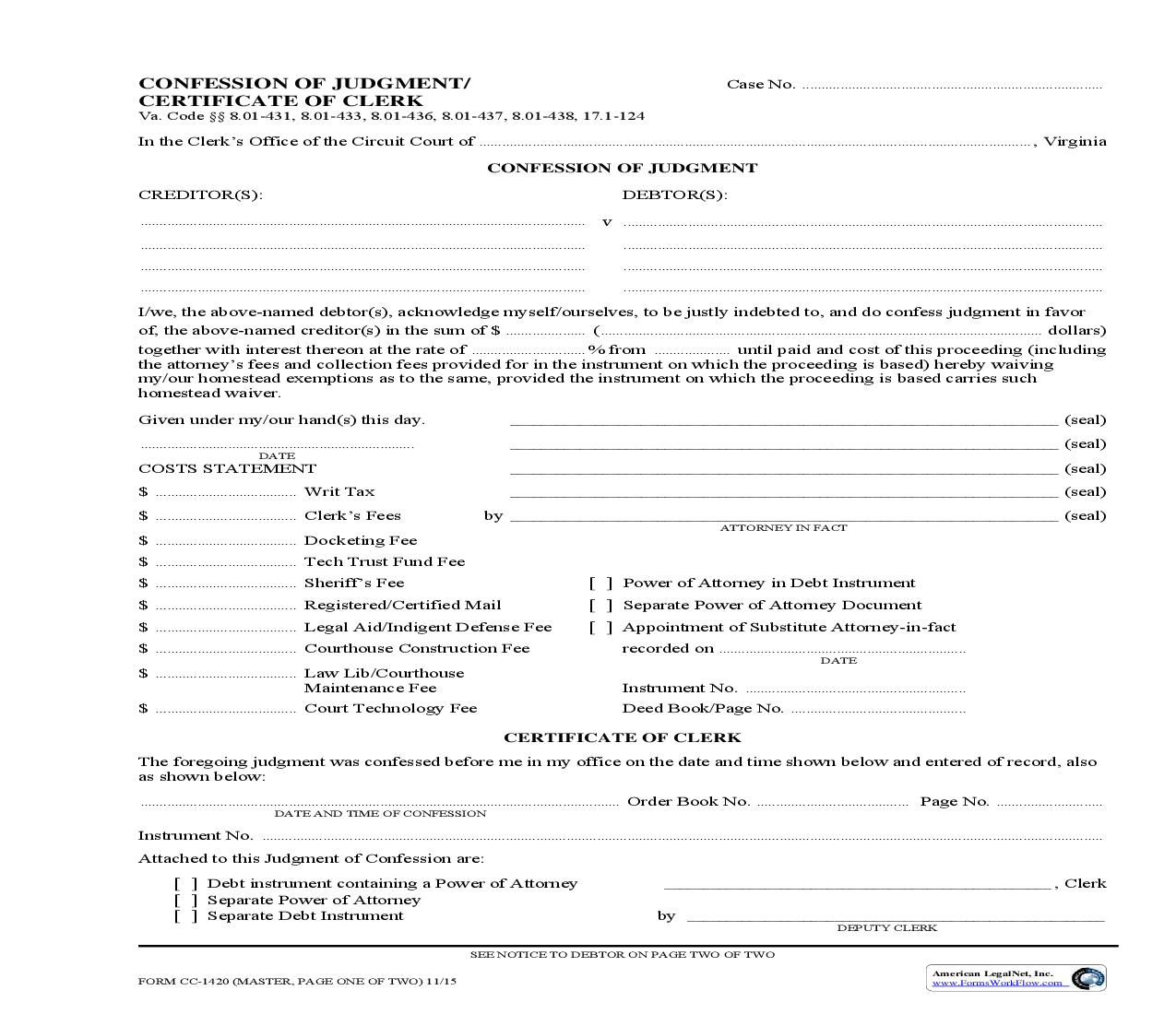 Confession Of Judgment Certificate Of Clerk {CC-1420} | Pdf Fpdf Doc Docx | Virginia