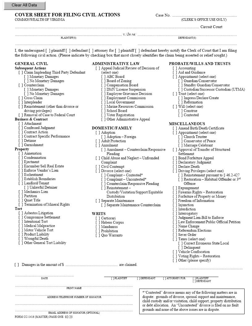Cover Sheet For Filing Civil Actions {CC-1416} | Pdf Fpdf Docx | Virginia
