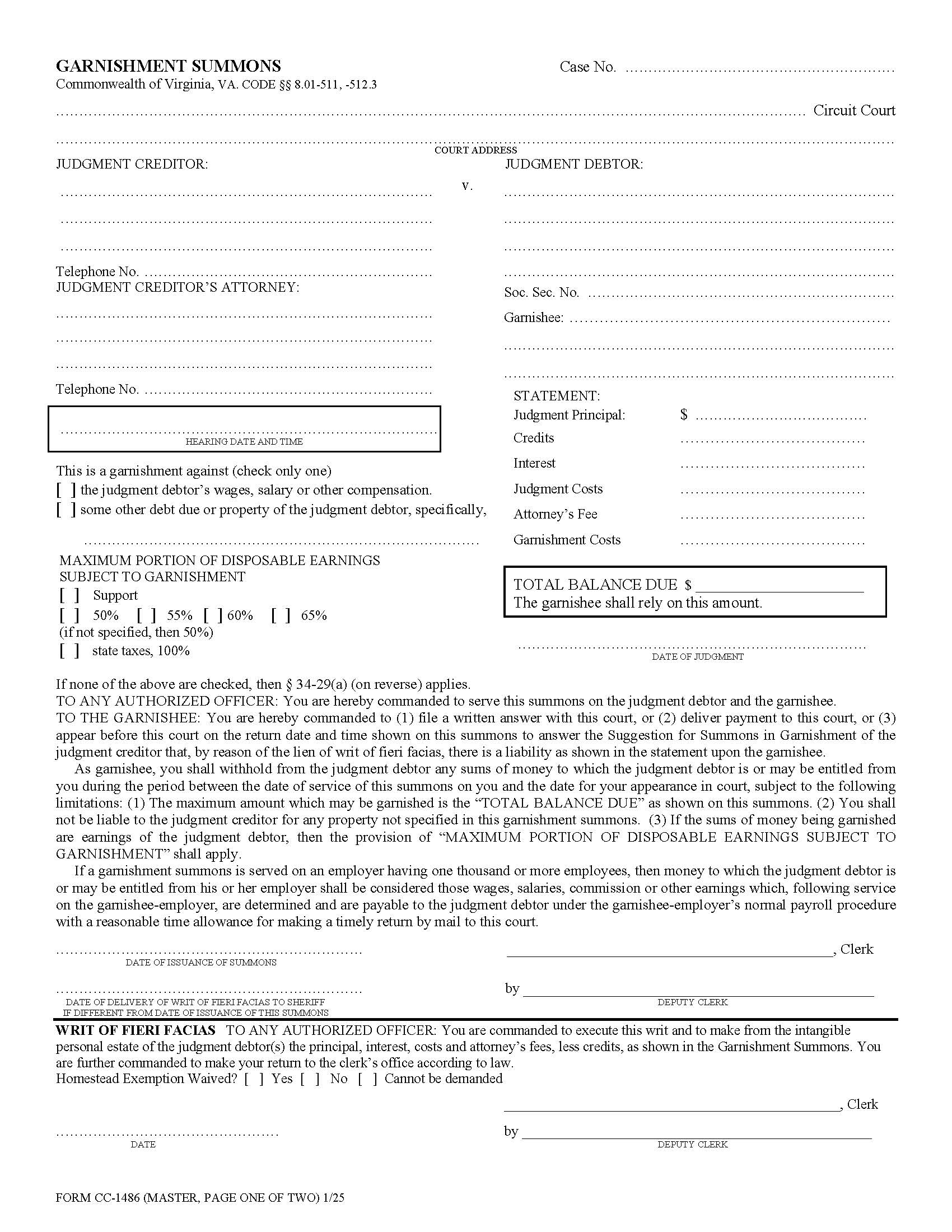 Garnishment Summons {CC-1486} | Pdf Fpdf Doc Docx | Virginia