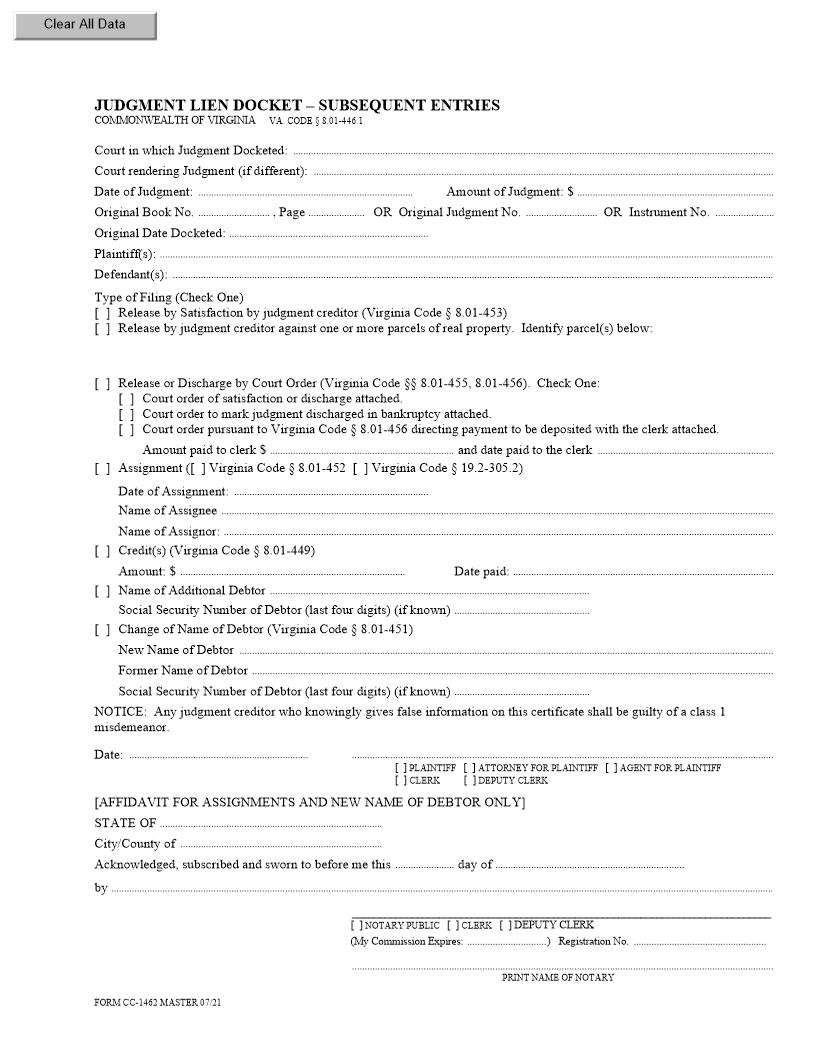 Judgment Lien Docket Subsequent Entries {CC-1462} | Pdf Fpdf Doc Docx | Virginia