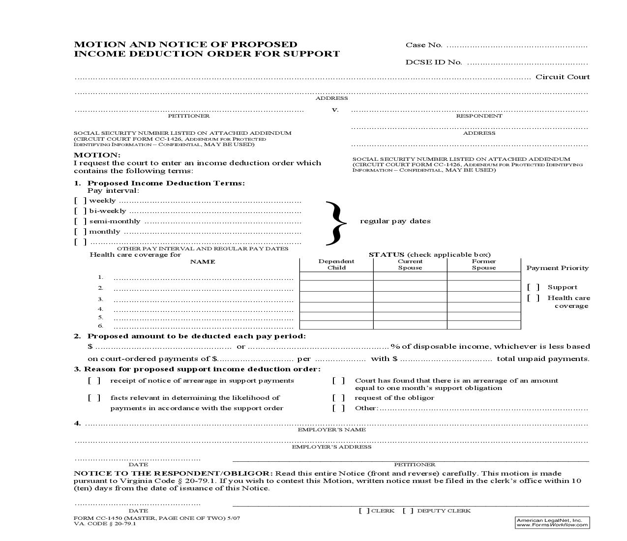 Motion And Notice Of Proposed Income Deduction Order For Support {CC-1450} | Pdf Fpdf Doc Docx | Virginia
