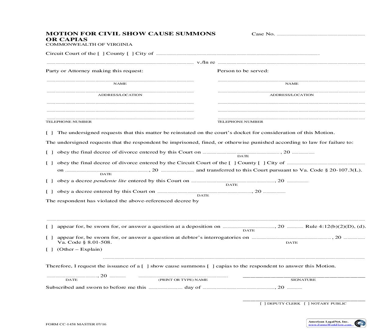Motion For Civil Show Cause Summons Or Capias {CC-1458} | Pdf Fpdf Doc Docx | Virginia