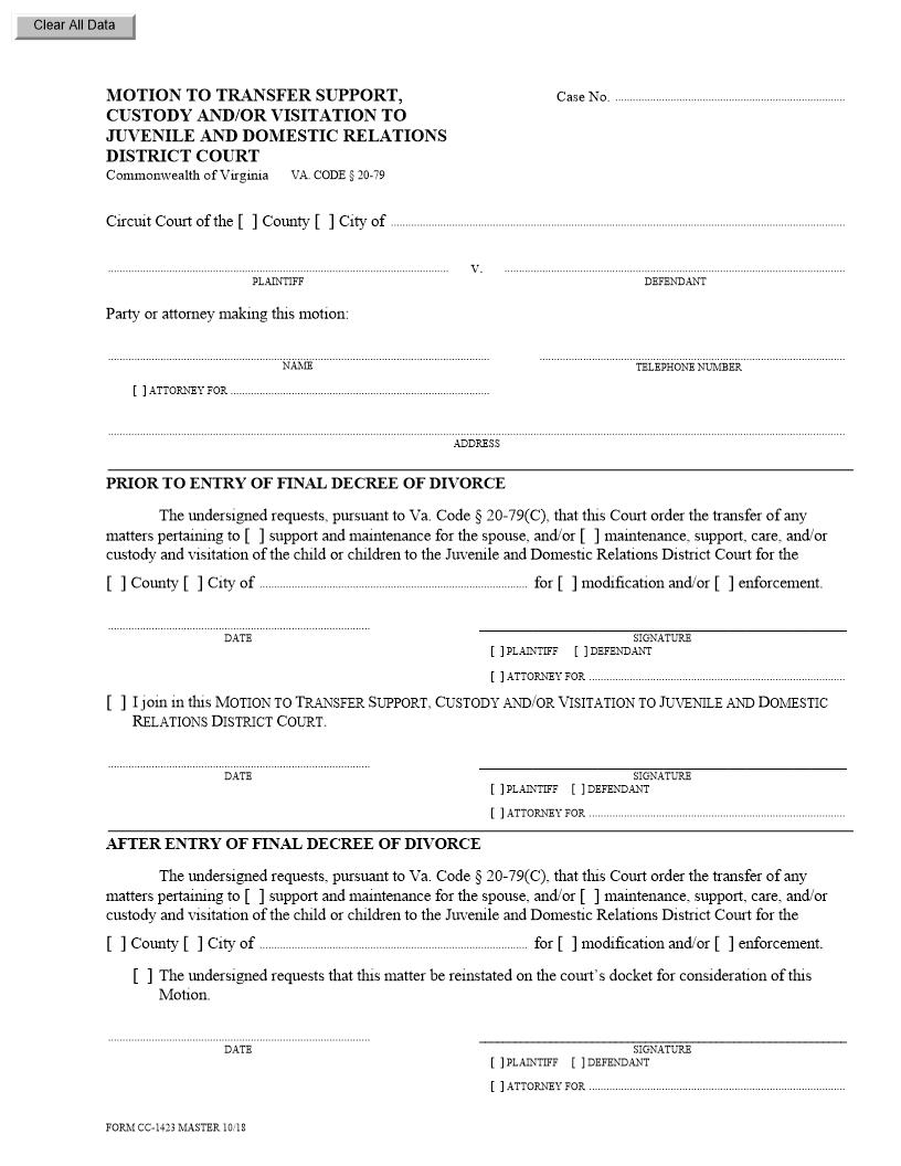 Motion To Transfer Support Custody Visitation To District Court {CC-1423} | Pdf Fpdf Docx | Virginia