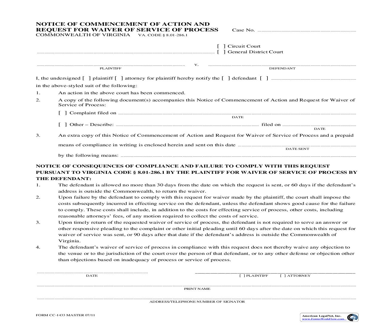 Notice Of Commencement Of Action And Request For Waiver Of Service Of Process {CC-1433} | Pdf Fpdf Doc Docx | Virginia