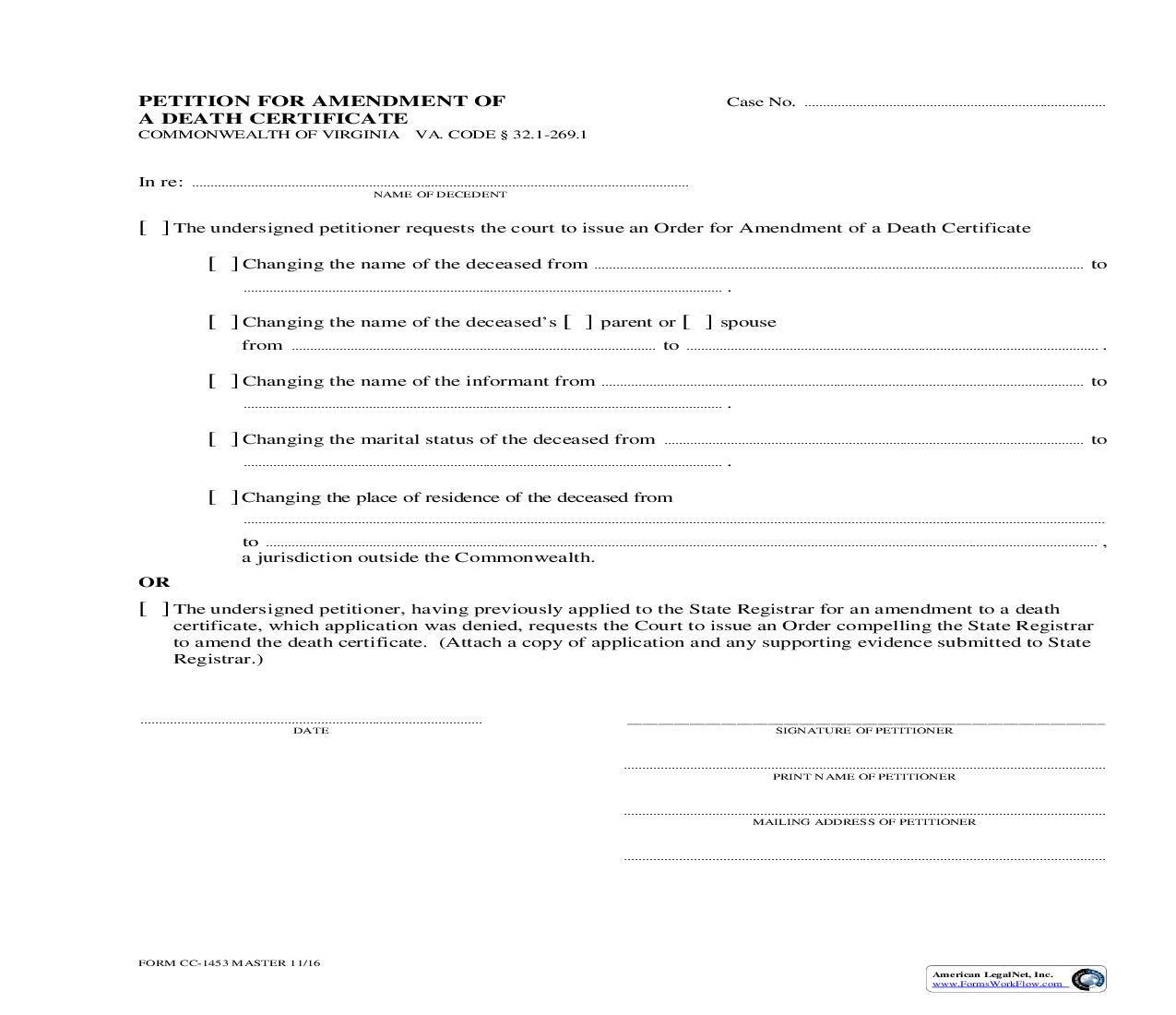 Petition For Amendment Of A Death Certificate {CC-1453} | Pdf Fpdf Doc Docx | Virginia