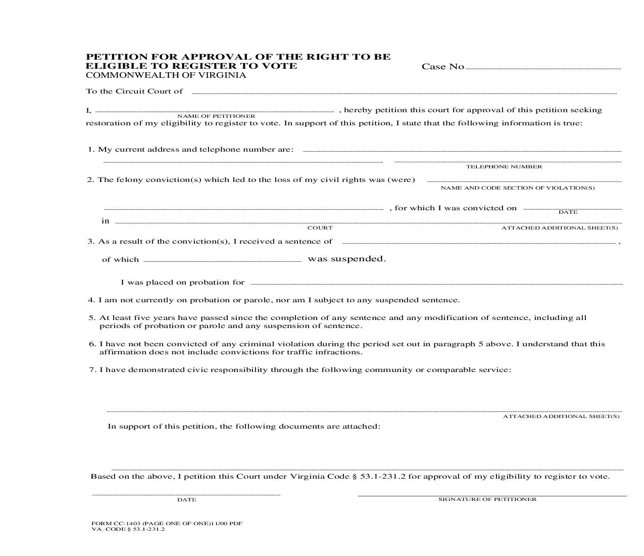 Petition For Approval Of The Right To Be Eligible To Register To Vote {CC-1403} | Pdf Fpdf Doc Docx | Virginia