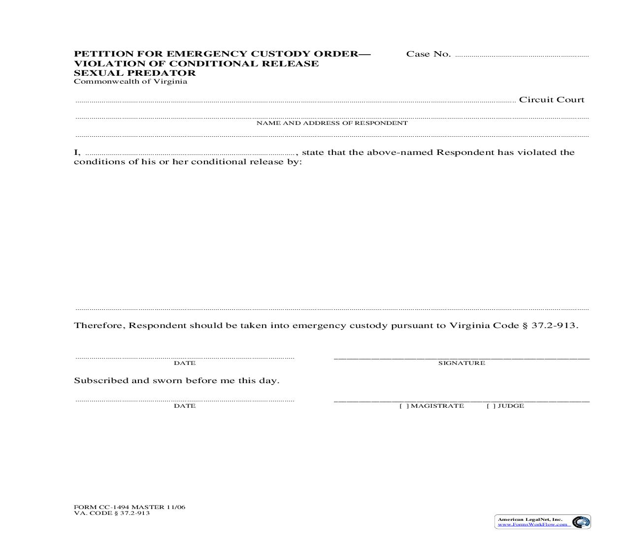 Petition For Emergency Custody Order Violation Of Conditional Release Sexual Predator {CC-1494} | Pdf Fpdf Doc Docx | Virginia