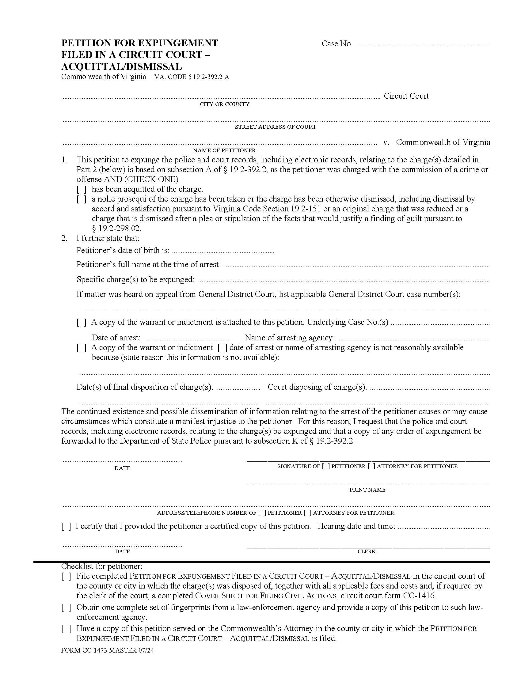Petition For Expungement Filed In A Circuit Court - Acquittal-Dismissal {CC-1473} | Pdf Fpdf Docx | Virginia