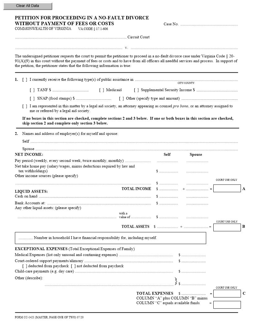 Petition For Proceeding In A No Fault Divorce Without Payment {CC-1421} | Pdf Fpdf Docx | Virginia