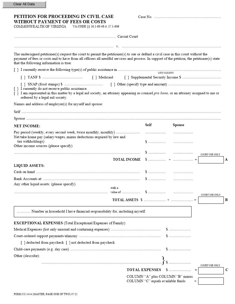 Petition For Proceeding In Civil Case Without Payment Of Fees Or Costs {CC-1414} | Pdf Fpdf Doc Docx | Virginia