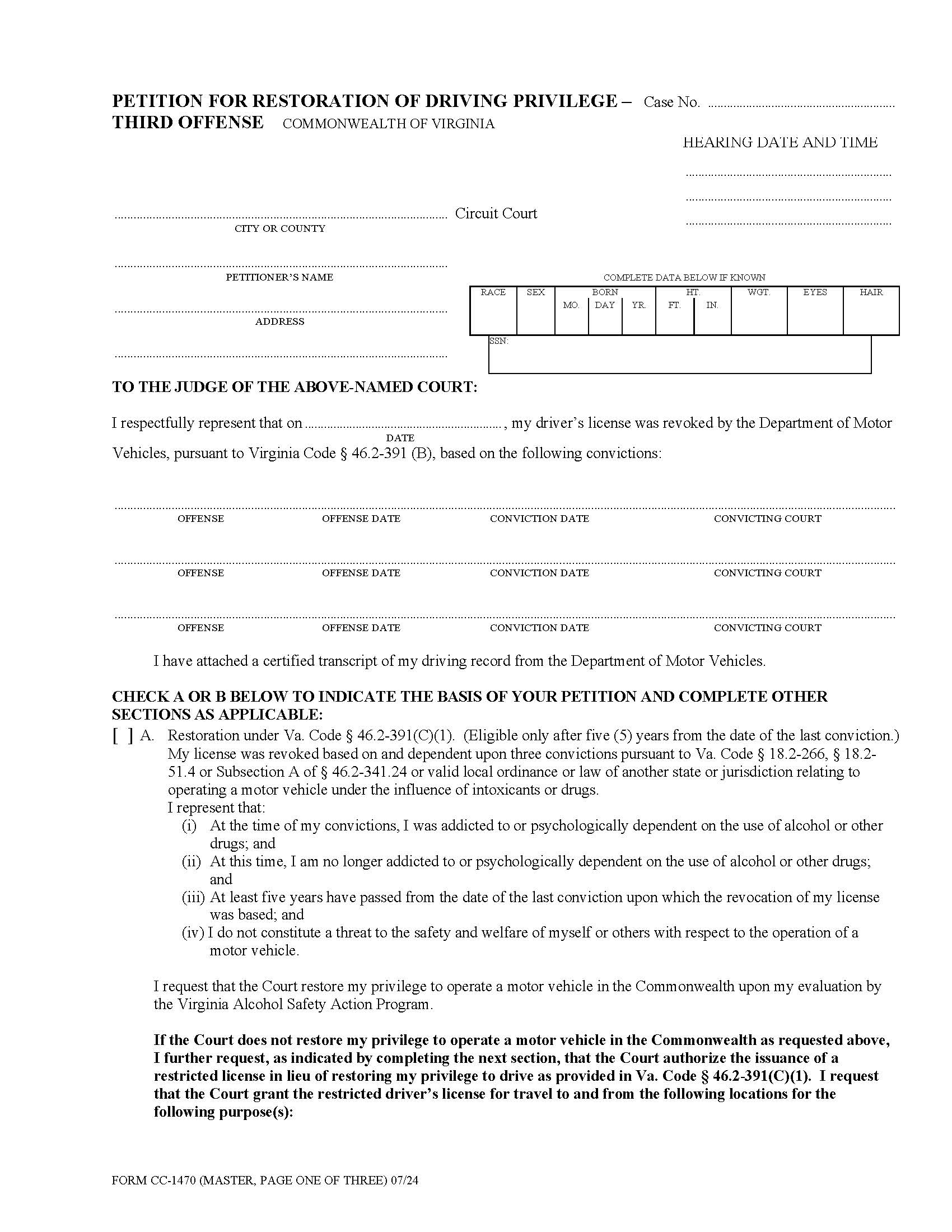 Petition For Restoration Of Driving Privilege Third Offense {CC-1470} | Pdf Fpdf Docx | Virginia
