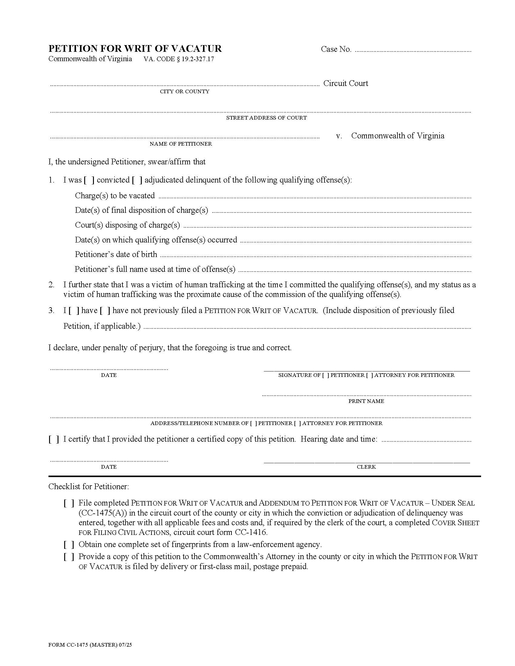 Petition For Writ Of Vacatur {CC-1475} | Pdf Fpdf Docx | Virginia