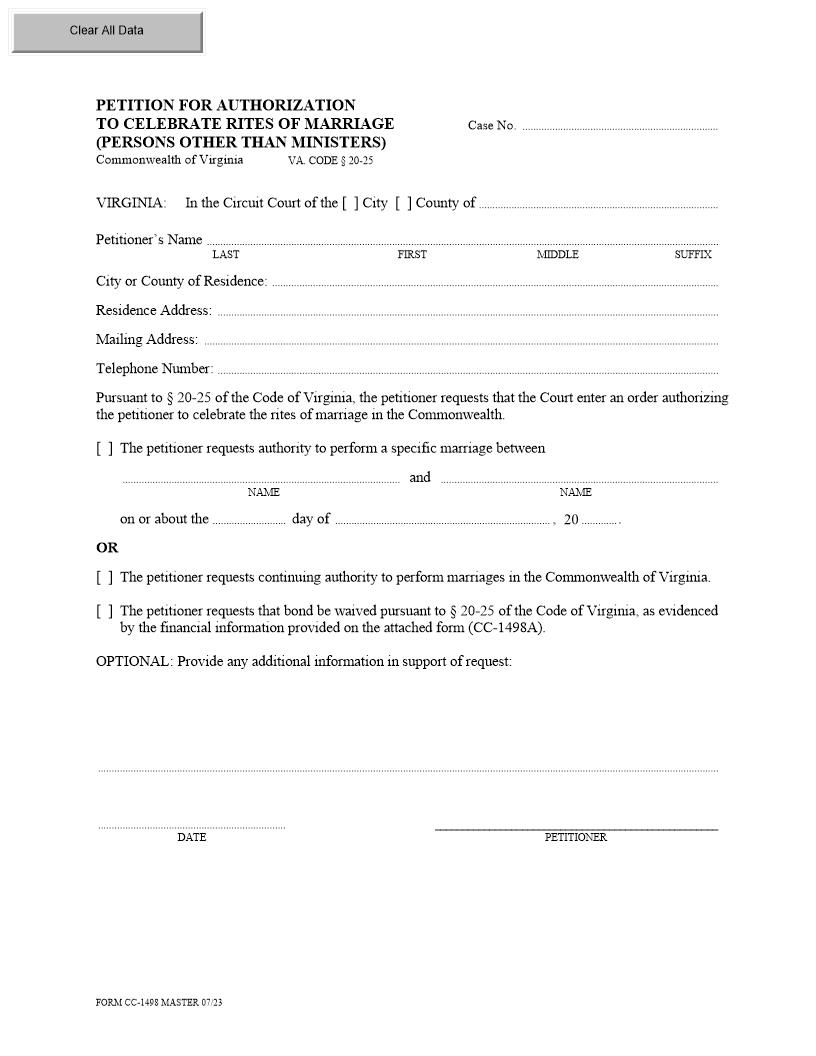 Petition To Celebrate Rites Of Marriage (Other Than Minister) {CC-1498} | Pdf Fpdf Docx | Virginia