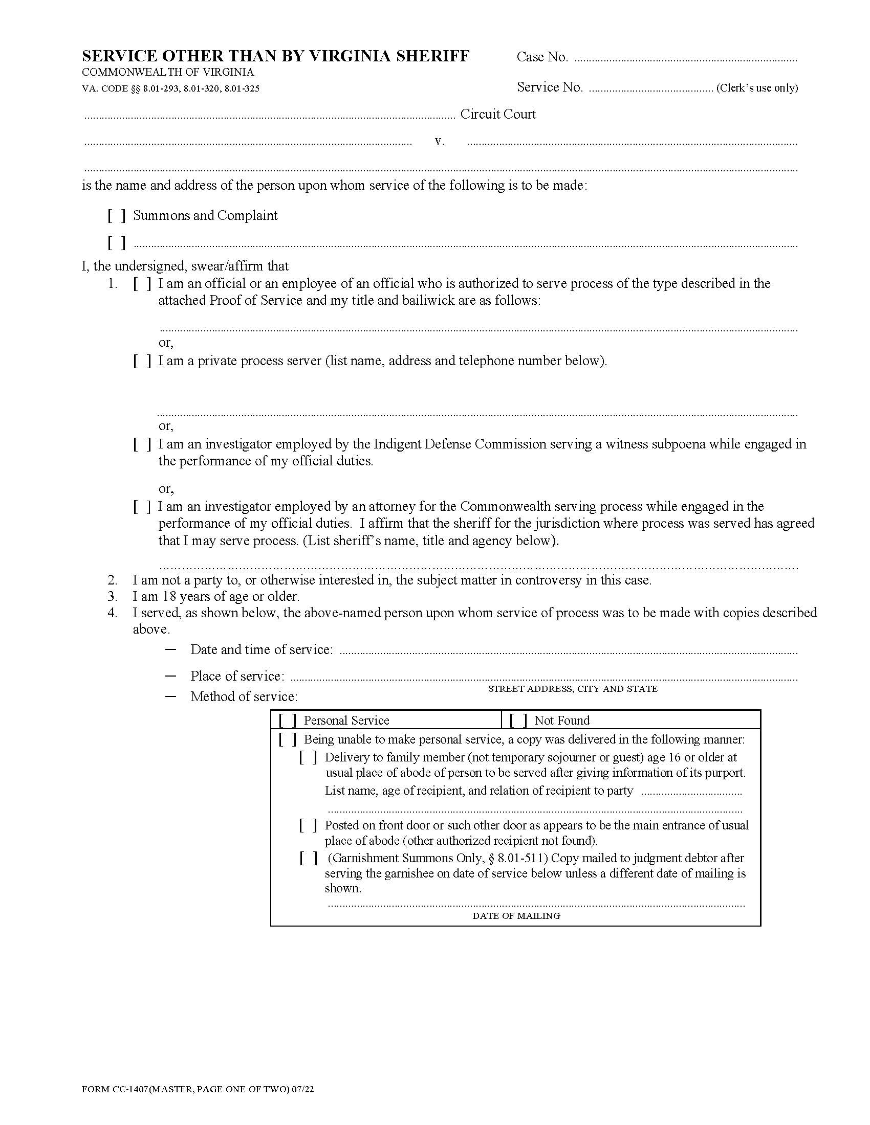 Service Other Than By Virginia Sheriff {CC-1407} | Pdf Fpdf Docx | Virginia