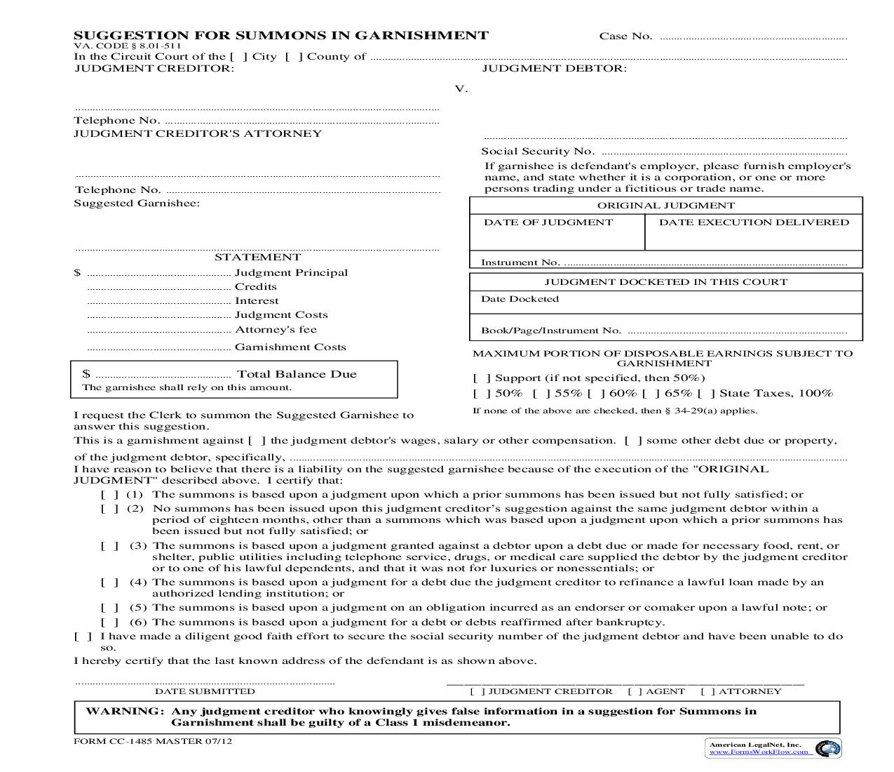Suggestion For Summons In Garnishment {CC-1485} | Pdf Fpdf Doc Docx | Virginia