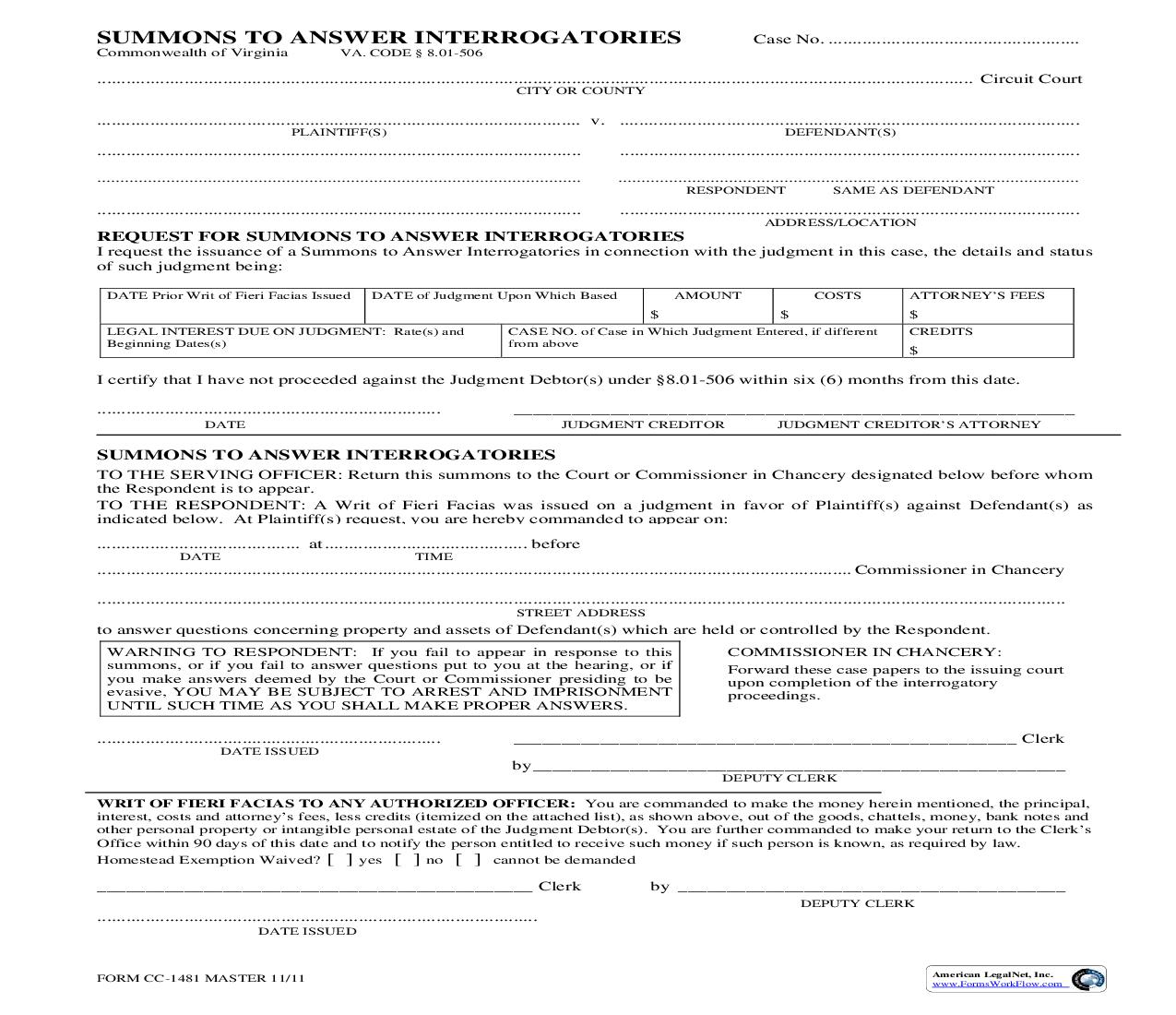 Summons To Answer Interrogatories {CC-1481} | Pdf Fpdf Doc Docx | Virginia