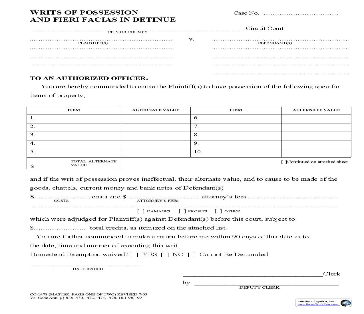Writs Of Possession And Fieri Facias In Detinue {CC-1478} | Pdf Fpdf Doc Docx | Virginia