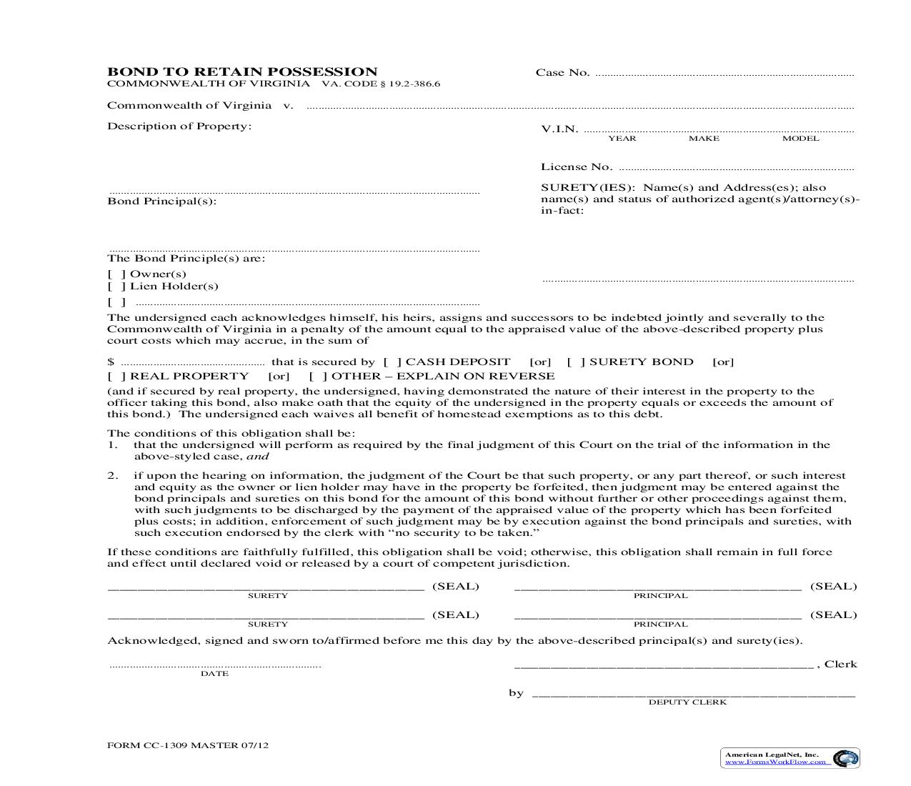 Bond To Retain Possession {CC-1309} | Pdf Fpdf Doc Docx | Virginia