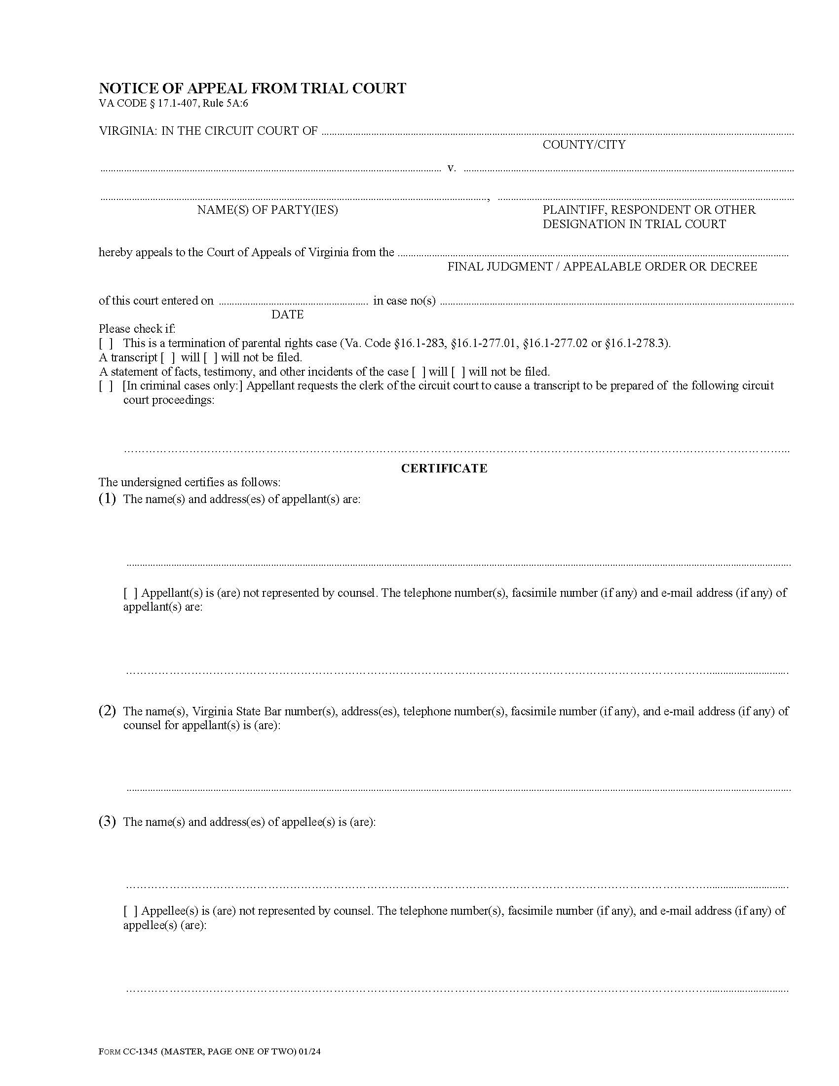 Notice Of Appeal From Trial Court {CC-1345} | Pdf Fpdf Doc Docx | Virginia