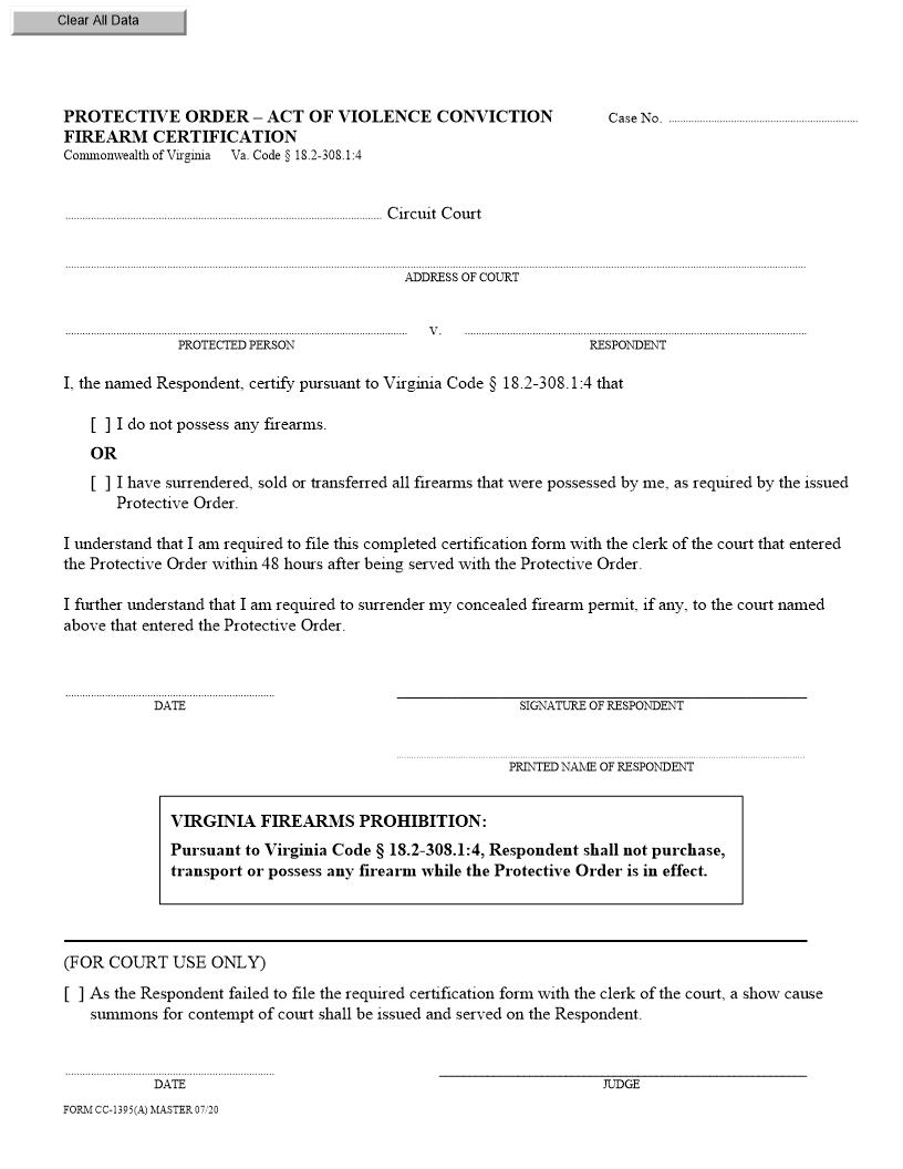 Protective Order Act Of Violence Conviction Firearm Certifiction {CC-1395A} | Pdf Fpdf Docx | Virginia