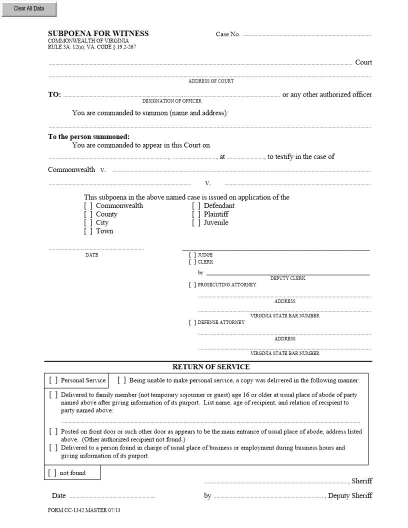 Subpoena For Witness {CC-1342} | Pdf Fpdf Docx | Virginia