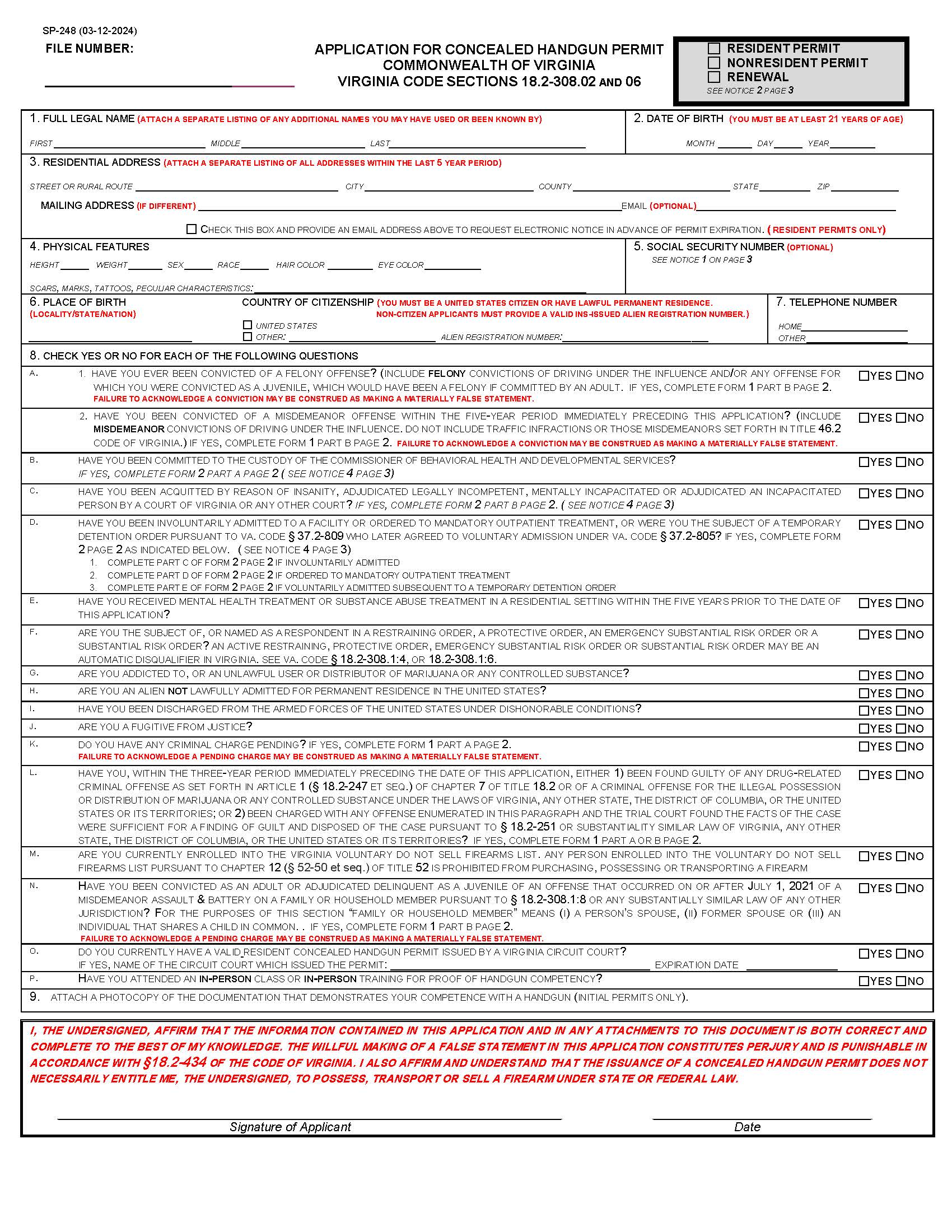 Application For Concealed Handgun Permit {SP-248} | Pdf Fpdf Docx | Virginia