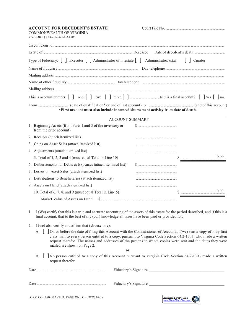 Account For Decedents Estate w-Instructions {CC-1680} | Pdf Fpdf Docx | Virginia