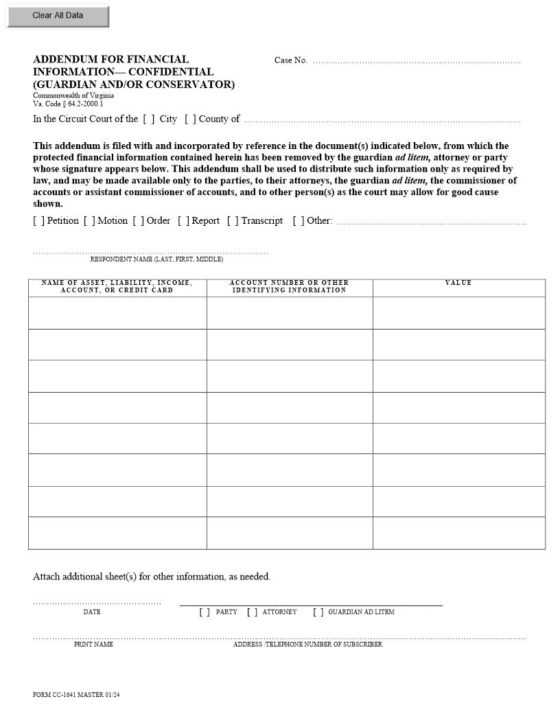 Addendum For Financial Information Confidential (Guardian And Or Conservator) {CC-1641} | Pdf Fpdf Docx | Virginia