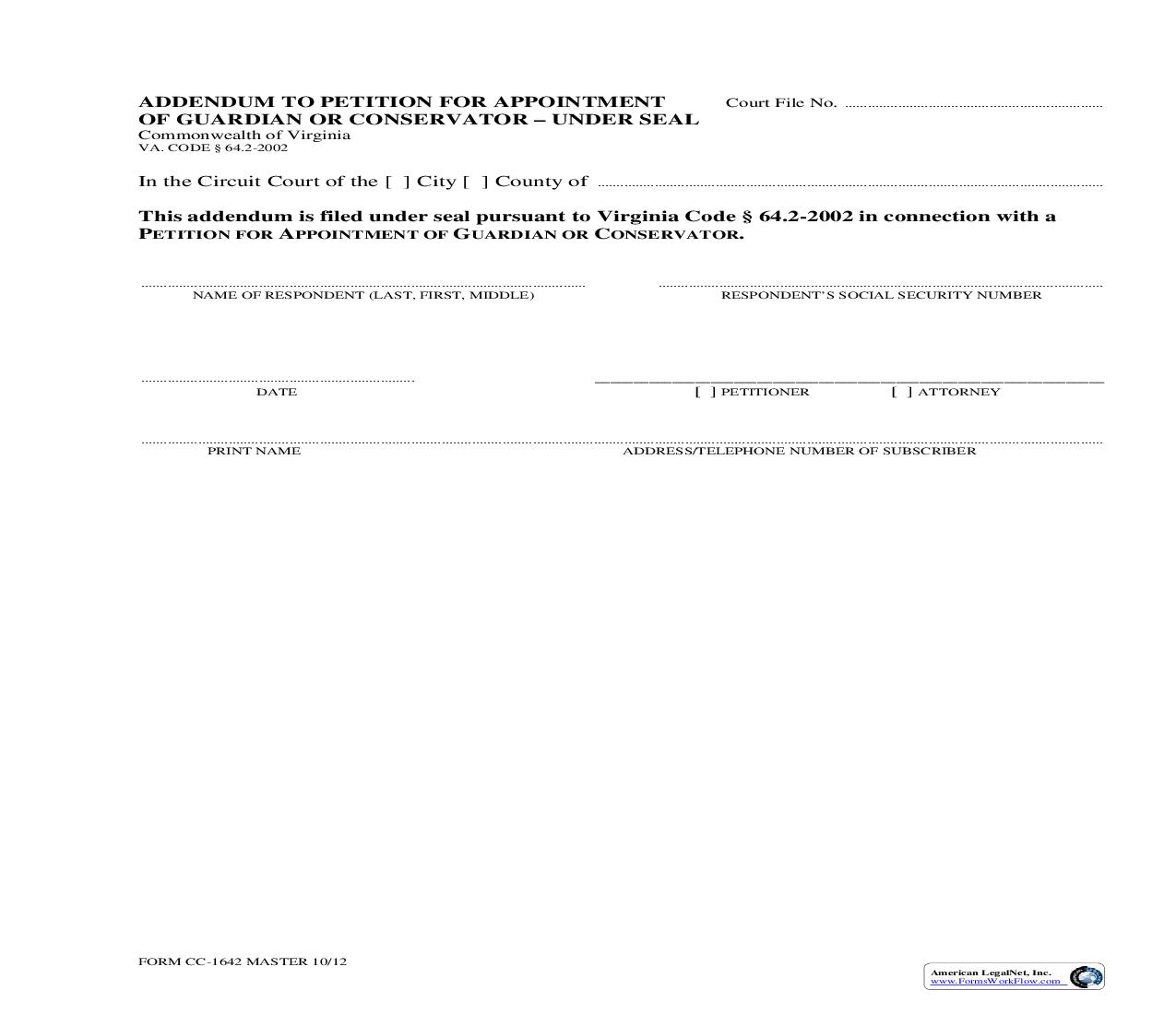 Addendum To Petition For Appointment Of Guardian Or Conservator-Under Seal {CC-1642} | Pdf Fpdf Doc Docx | Virginia