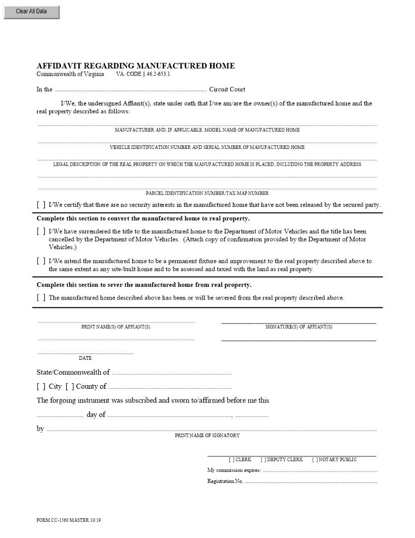 Affidavit Regarding Manufactured Home {CC-1560} | Pdf Fpdf Docx | Virginia
