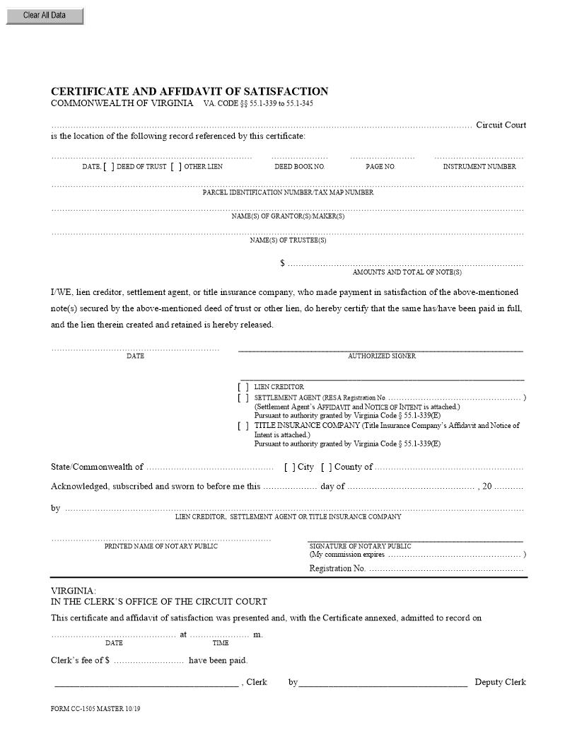 Certificate And Affidavit Of Satisfaction {CC-1505} | Pdf Fpdf Doc Docx | Virginia