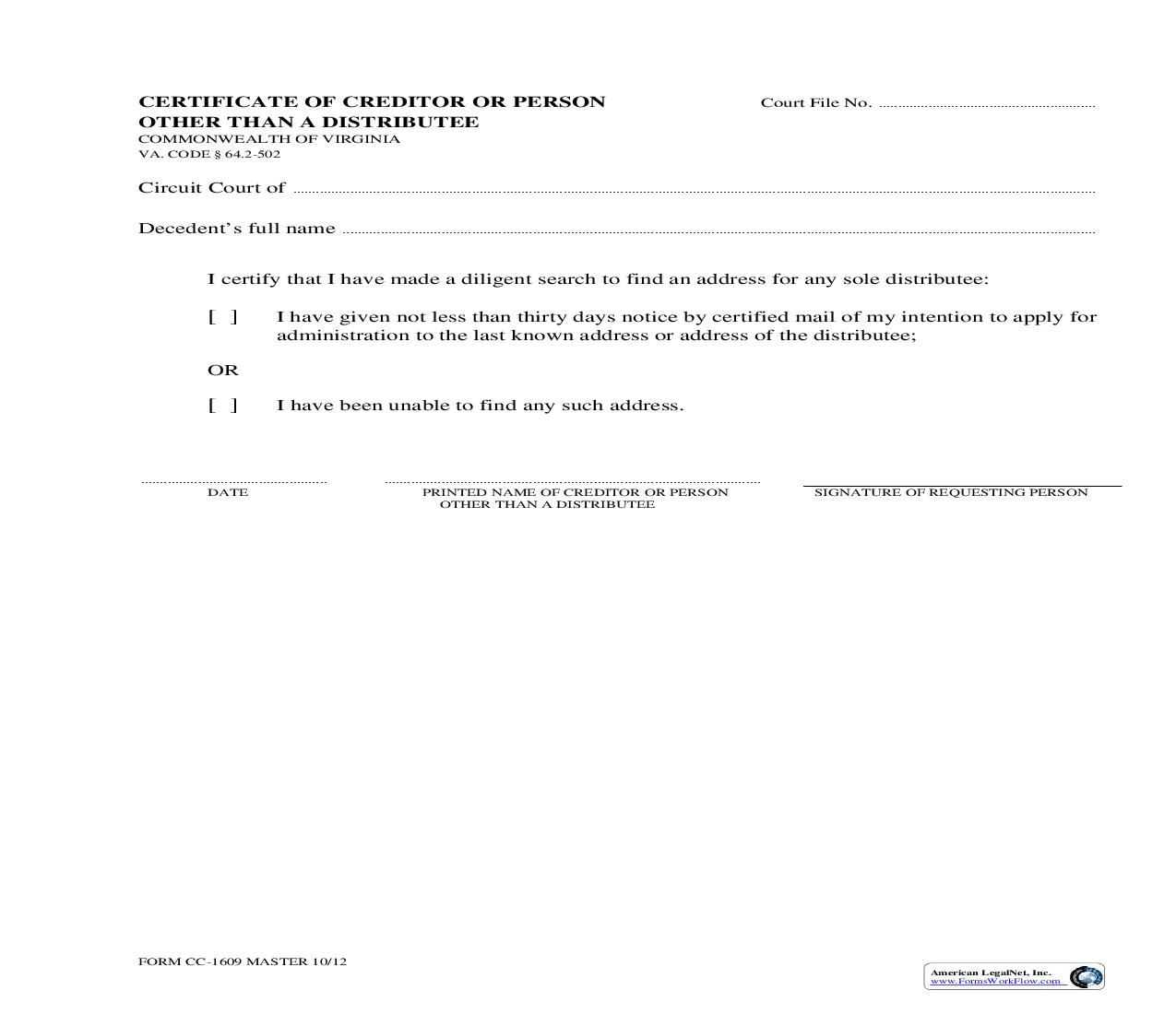 Certificate Of Creditor Or Person Other Than A Distributee {CC-1609} | Pdf Fpdf Doc Docx | Virginia