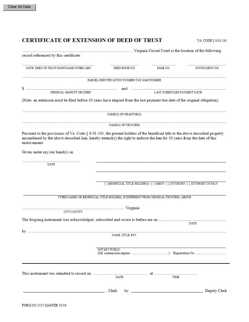 Certificate Of Extension Of Deed Of Trust {CC-1525} | Pdf Fpdf Doc Docx | Virginia