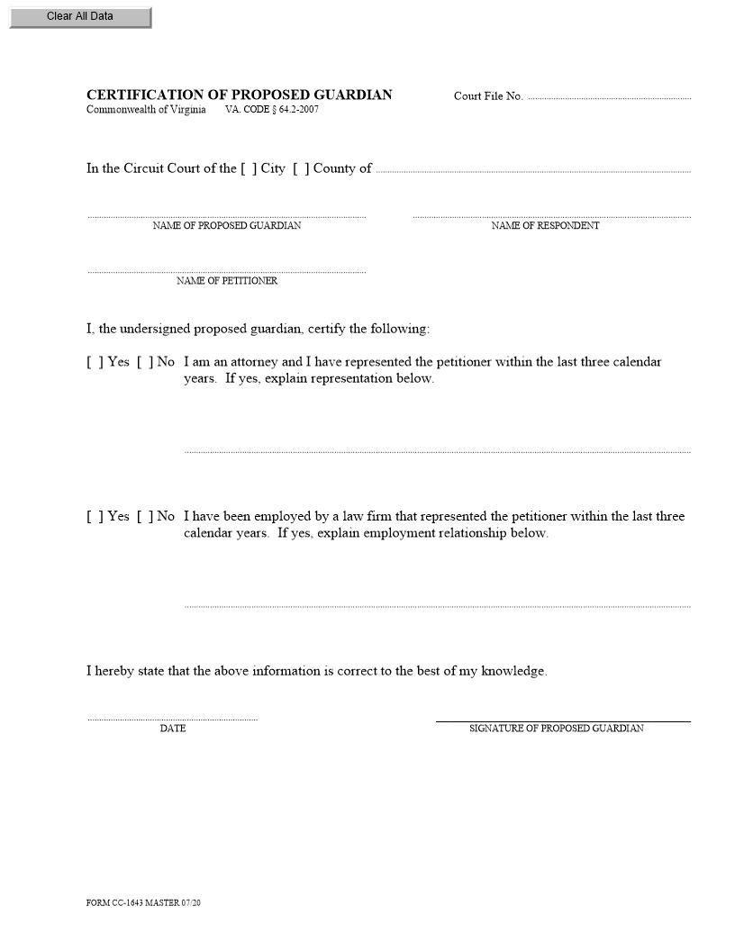 Certificate Of Proposed Guardian {CC-1643} | Pdf Fpdf Docx | Virginia