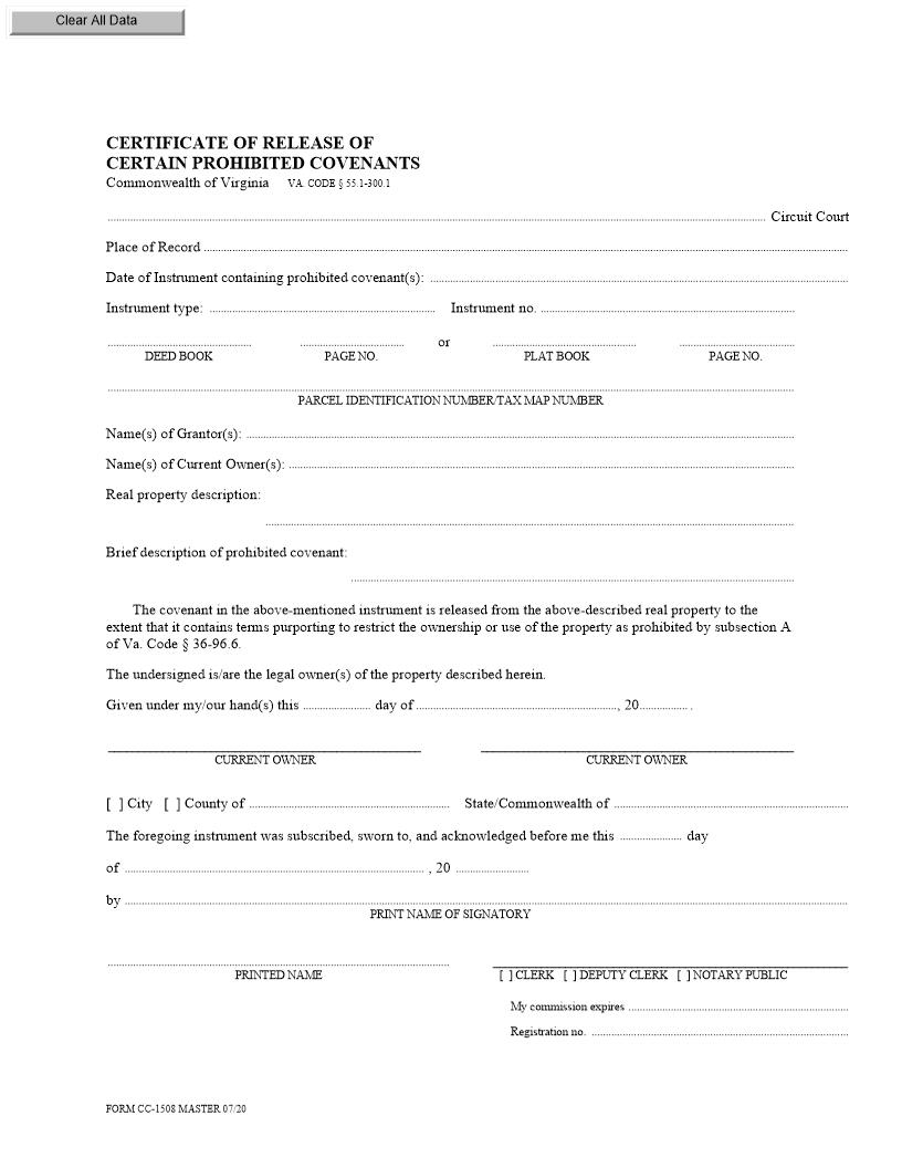 Certificate Of Release Of Certain Prohibited Covenants {CC-1508} | Pdf Fpdf Docx | Virginia