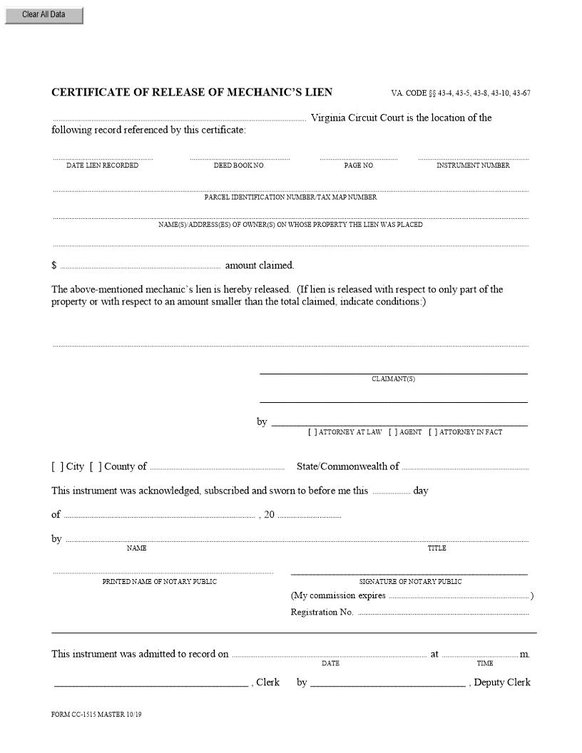 Certificate Of Release Of Mechanics Lien {CC-1515} | Pdf Fpdf Doc Docx | Virginia