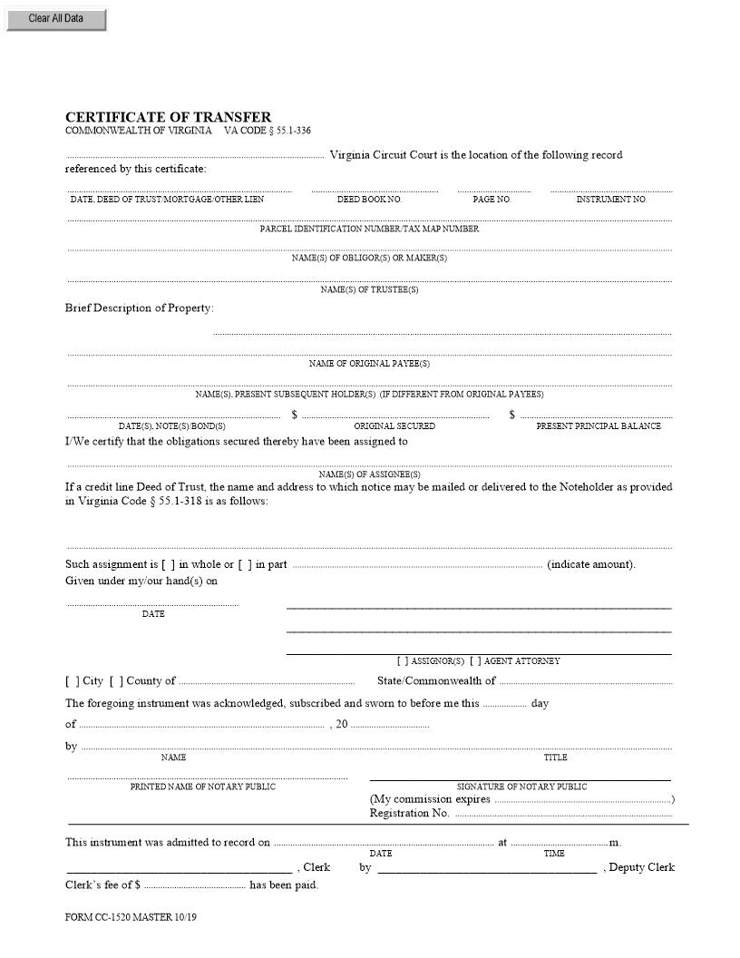 Certificate Of Transfer {CC-1520} | Pdf Fpdf Doc Docx | Virginia