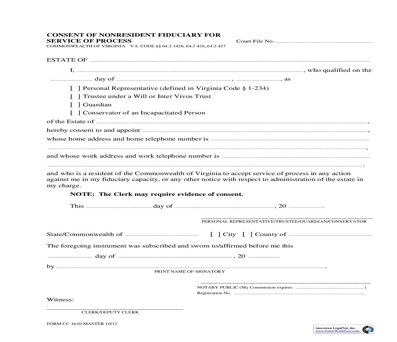 Consent Of Nonresident Fiduciary For Service Of Process {CC-1610} | Pdf Fpdf Doc Docx | Virginia