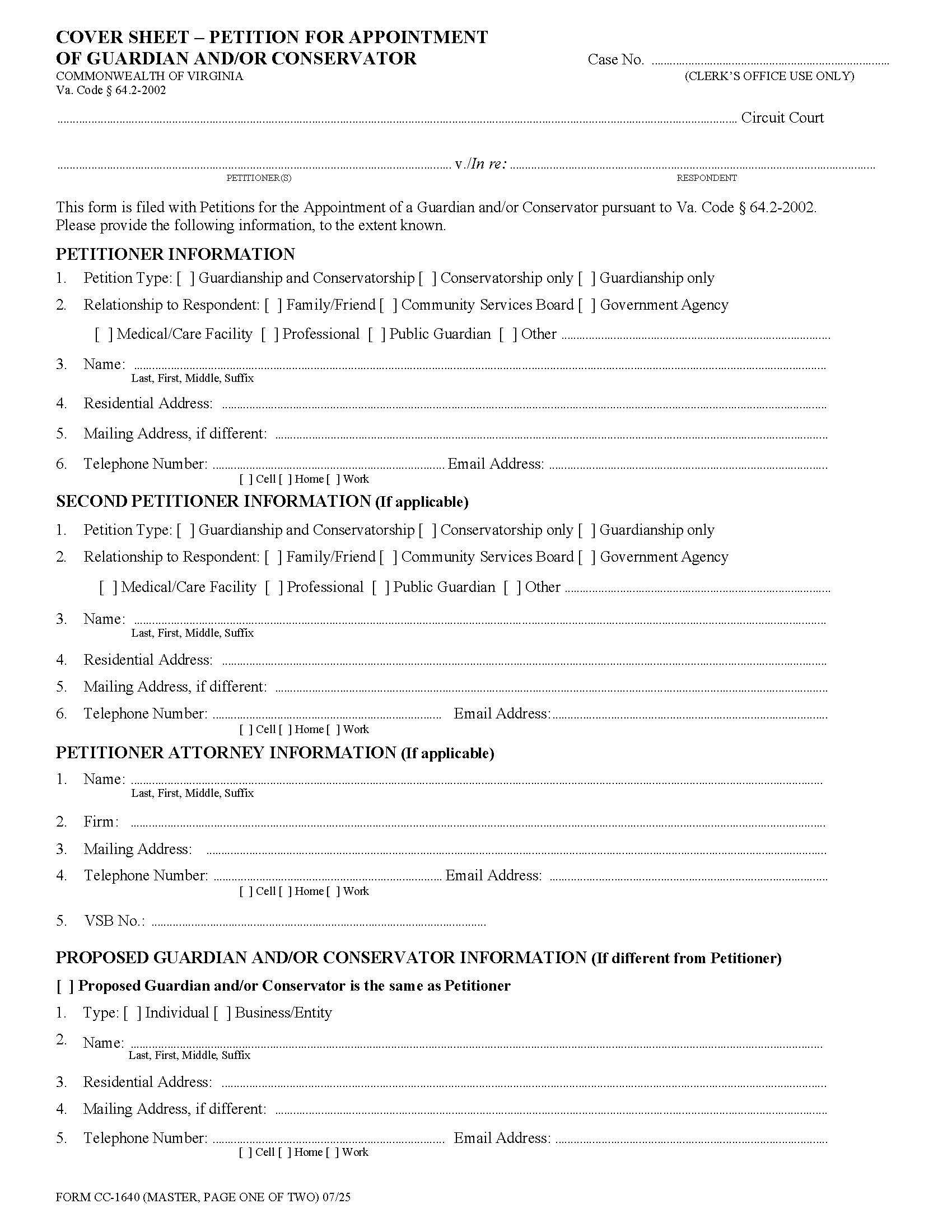 Cover Sheet Petition For Appointment Of Guardian {CC-1640} | Pdf Fpdf Docx | Virginia