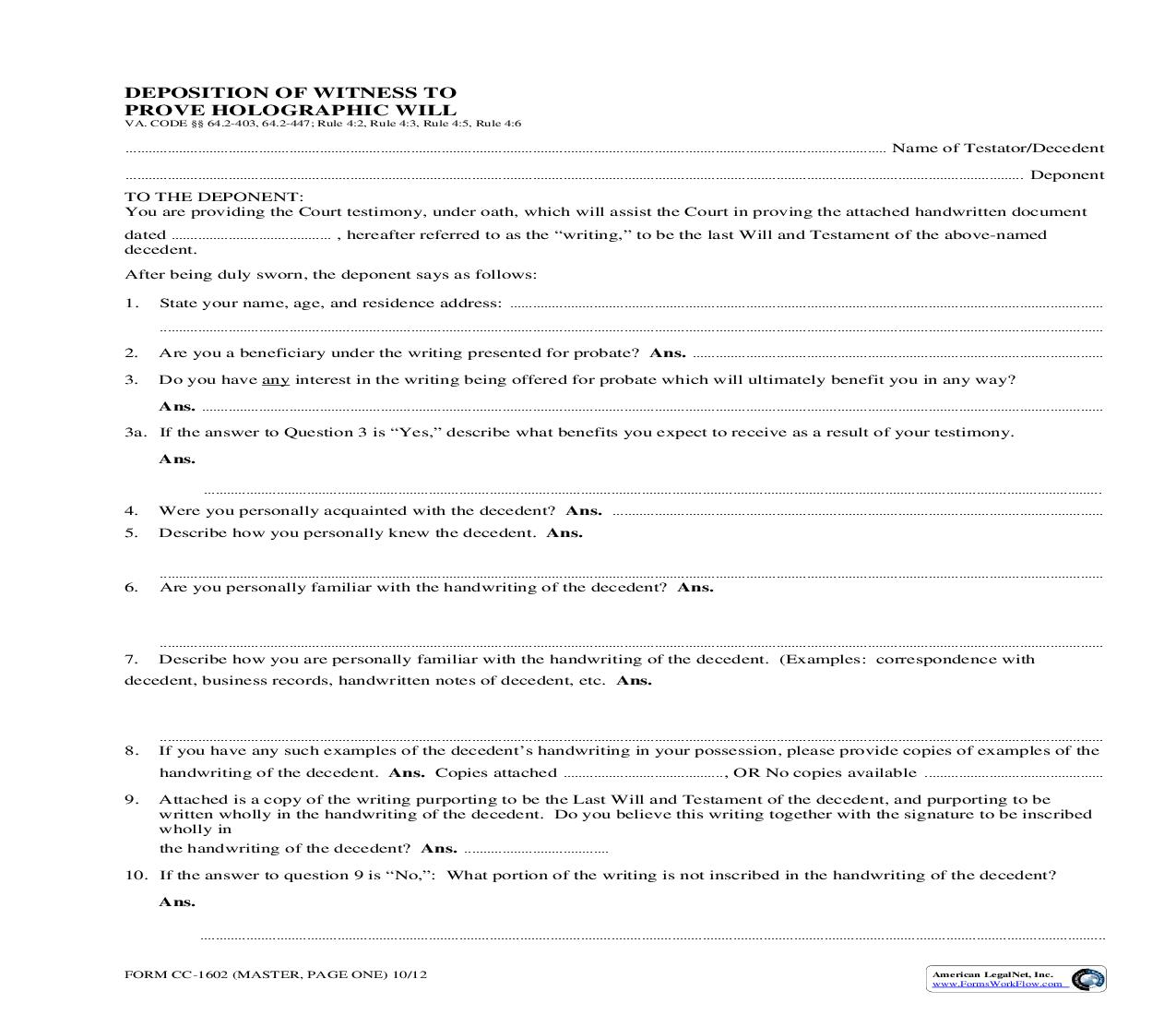 Deposition Of Witness To Prove Holographic Will {CC-1602} | Pdf Fpdf Doc Docx | Virginia