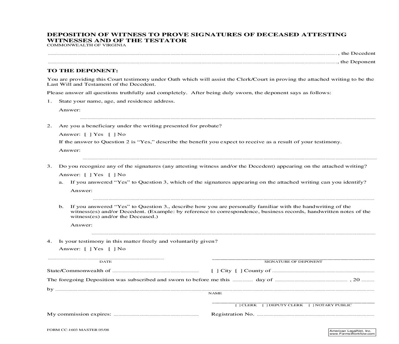 Deposition Of Witness To Prove Signatures Of Deceased Attesting Witness And Of The Testator {CC-1603} | Pdf Fpdf Doc Docx | Virginia