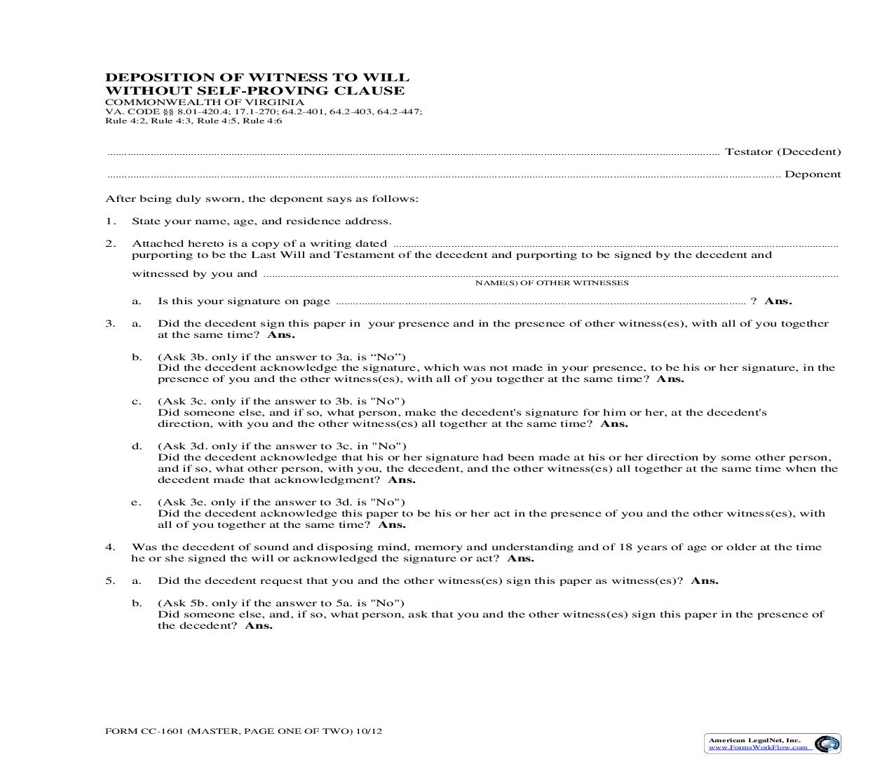 Desposition Of Witness To Will Without Self Proving Clause {CC-1601} | Pdf Fpdf Doc Docx | Virginia