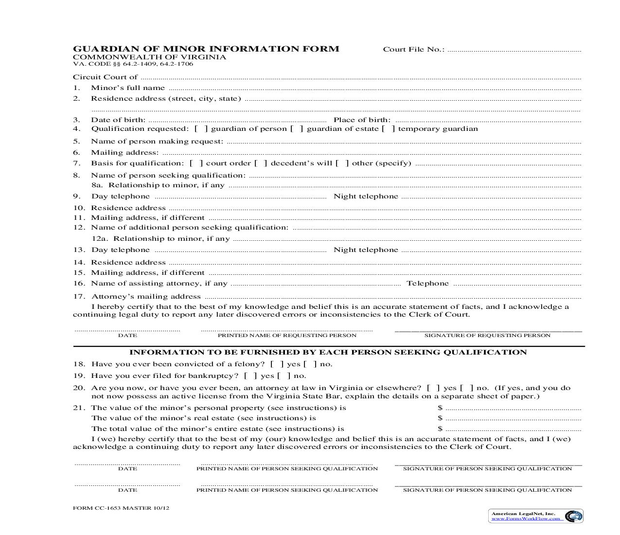 Guardian Of Minor Information Form {CC-1653} | Pdf Fpdf Doc Docx | Virginia