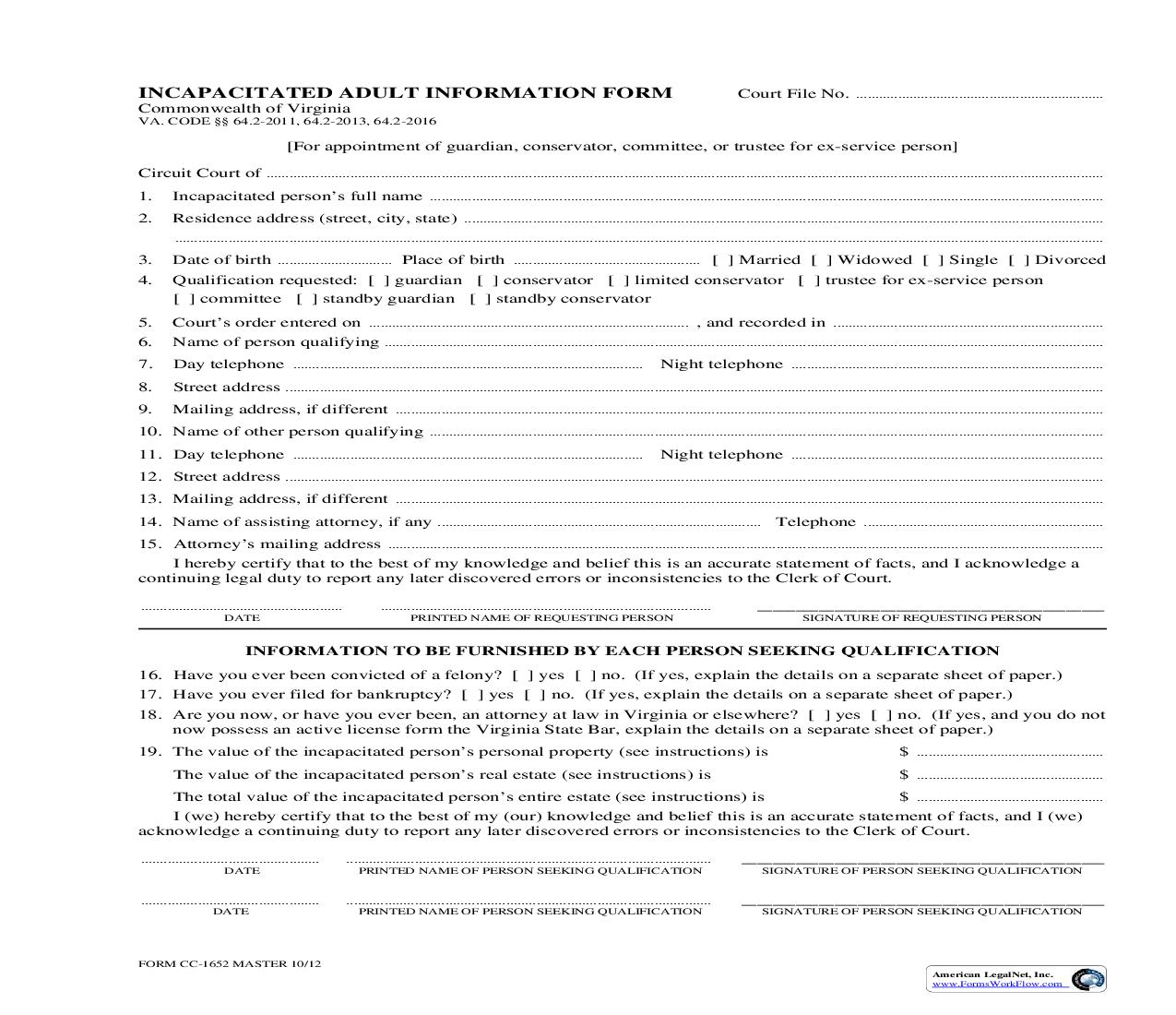 Incapacitated Adult Information Form {CC-1652} | Pdf Fpdf Doc Docx | Virginia