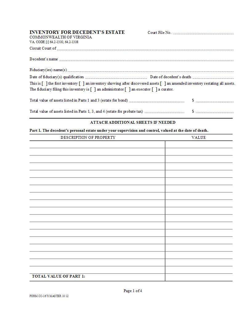 Inventory For Decedents Estate {CC-1670} | Pdf Fpdf Docx | Virginia