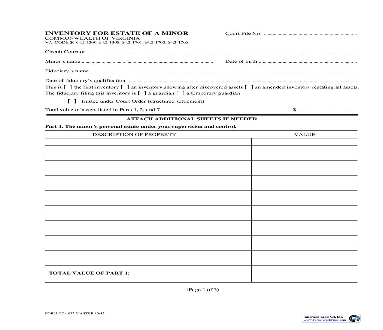 Inventory For Estate Of A Minor {CC-1672} | Pdf Fpdf Doc Docx | Virginia