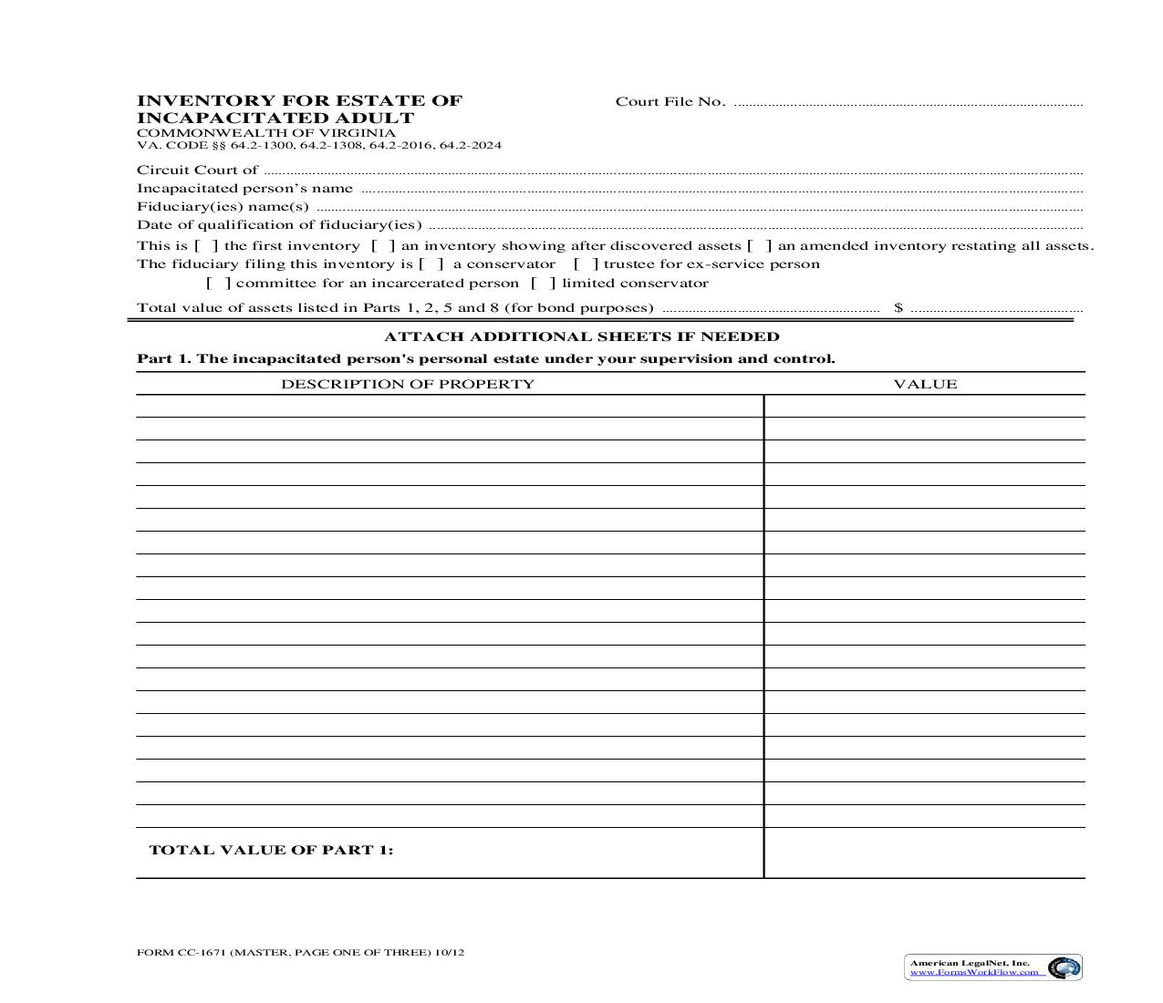 Inventory For Estate Of Incapacitated Adult {CC-1671} | Pdf Fpdf Doc Docx | Virginia
