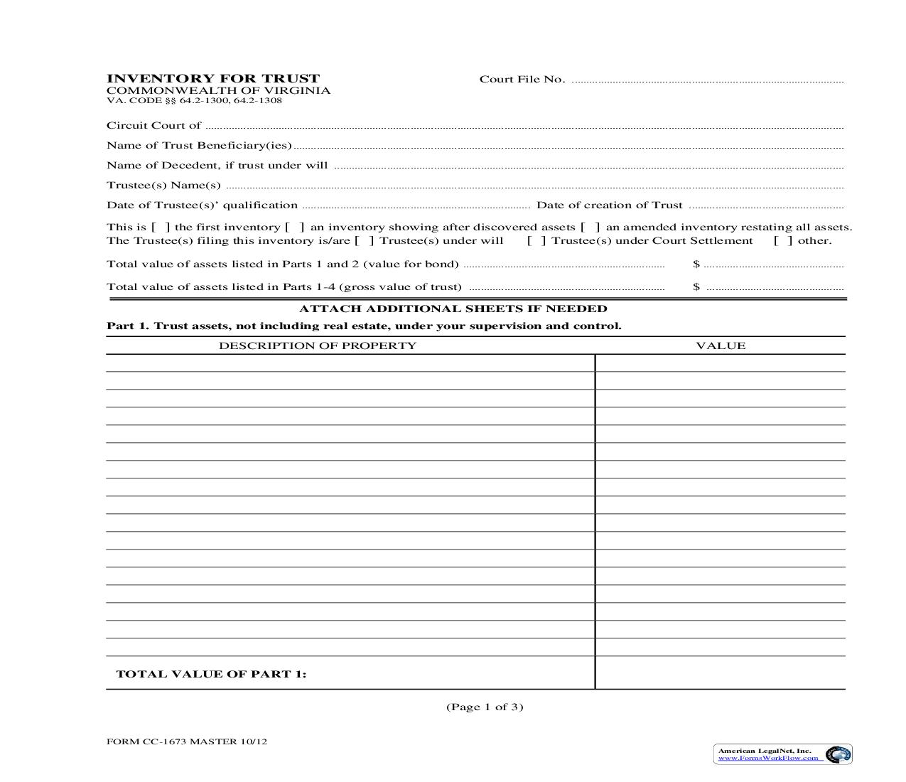 Inventory For Trust {CC-1673} | Pdf Fpdf Doc Docx | Virginia